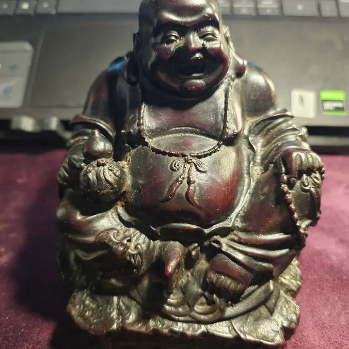 [BUNJANG] Korean Traditional Wood Carving "Budai" Buddha Statue with Children, "Zhao Cai Jin Bao" Inscription / 소장품 정리 -  초재진보 목조 포대화상 미륵불상,동자 조각 14cm