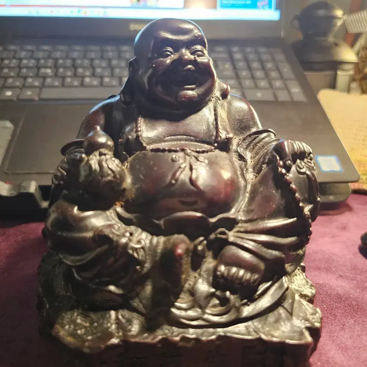 [BUNJANG] Korean Traditional Wood Carving "Budai" Buddha Statue with Children, "Zhao Cai Jin Bao" Inscription / 소장품 정리 -  초재진보 목조 포대화상 미륵불상,동자 조각 14cm
