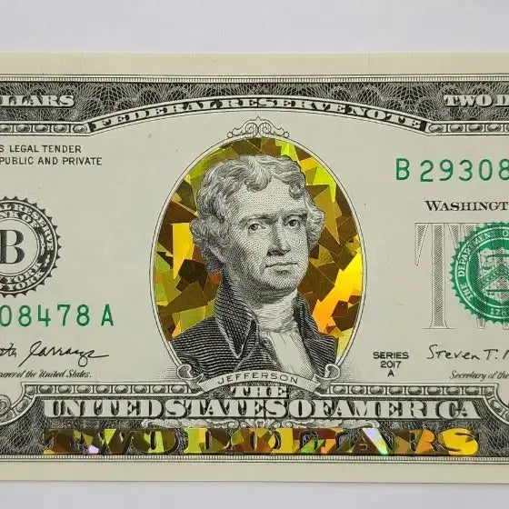 [BUNJANG] US Lucky Dollar Jefferson Gold Foil Bill / 미국 행운 2달러  제퍼슨 금박 지폐