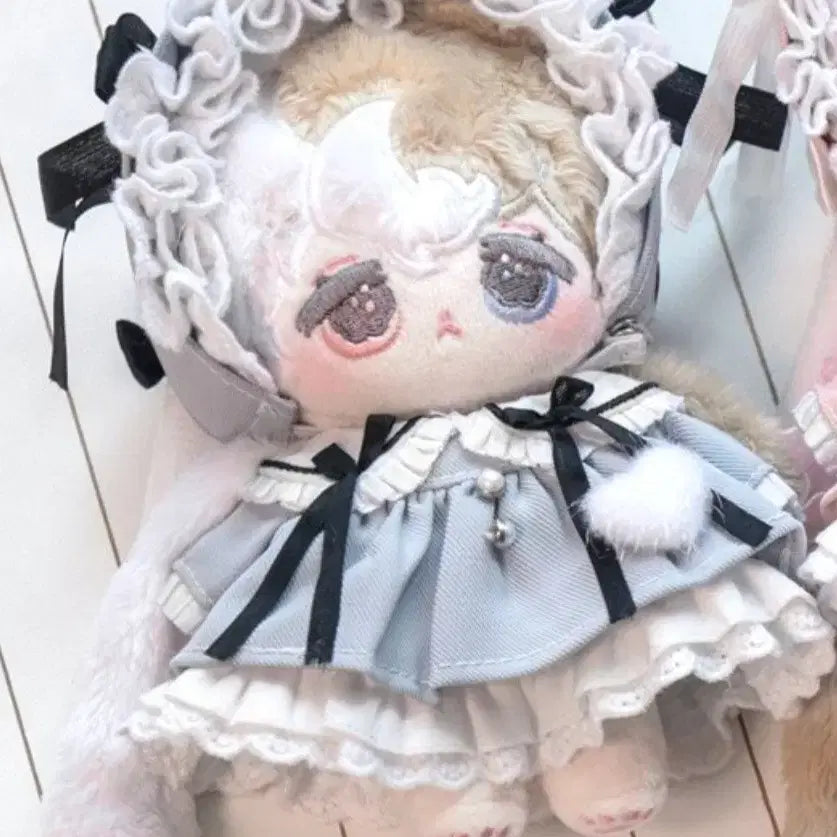 [BUNJANG] 10cm Plush Blue Bonnet Dress Set / 10cm 솜인형옷 우블 플르슈 블루 파랑 하늘 보닛 원피스 무속성 누이옷 리본