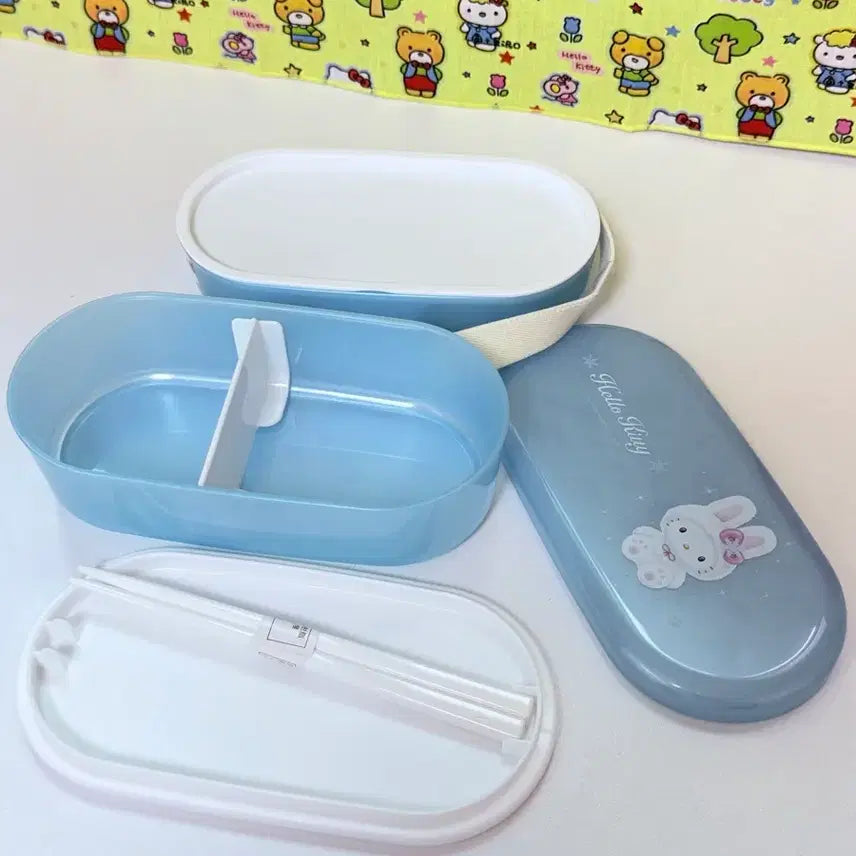 [BUNJANG] Vintage Hello Kitty Blue 2-Tier Lunchbox Container / 특가)고전키티 2단 도시락보관함