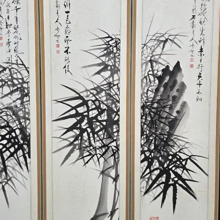 [BUNJANG] Kim Jin-young 8-Panel Folding Screen with Bamboo and Painting / 오무 김진영/진품/병풍/대나무/그림/8폭