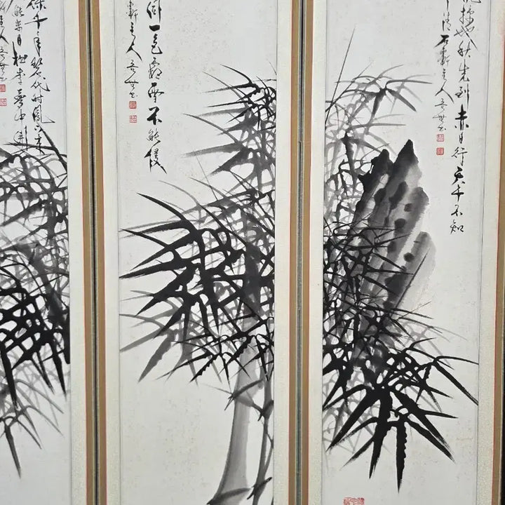 [BUNJANG] Kim Jin-young 8-Panel Folding Screen with Bamboo and Painting / 오무 김진영/진품/병풍/대나무/그림/8폭