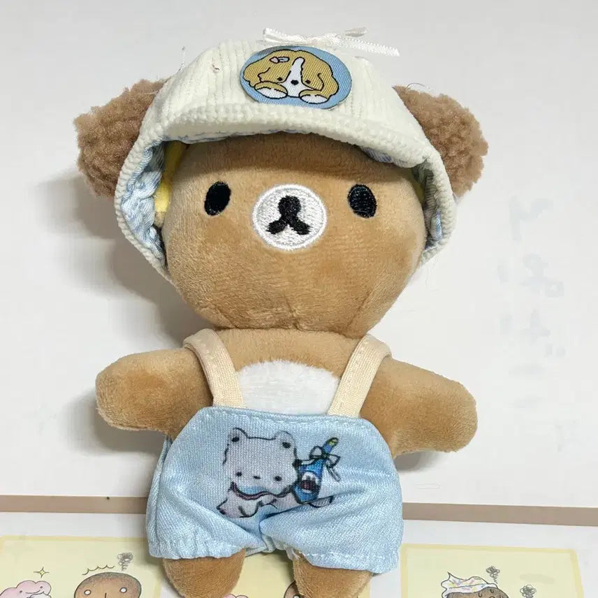 [BUNJANG] 10cm Doll Clothes Set with Dog Hat and Overalls / 새상품 10cm인형 옷 세트, 강아지 모자 멜빵바지 인형옷, 솜인형옷 세트