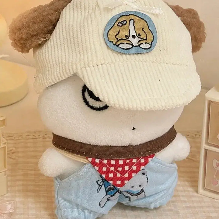 [BUNJANG] 10cm Doll Clothes Set with Dog Hat and Overalls / 새상품 10cm인형 옷 세트, 강아지 모자 멜빵바지 인형옷, 솜인형옷 세트