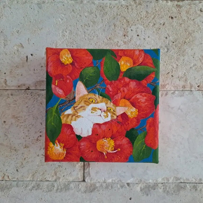 [BUNJANG] Camellia Cat Acrylic Mini Frame / 동백꽃 고양이 아크릴 그림액자입니다