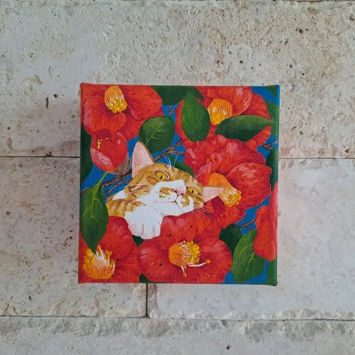 [BUNJANG] Camellia Cat Acrylic Mini Frame / 동백꽃 고양이 아크릴 그림액자입니다