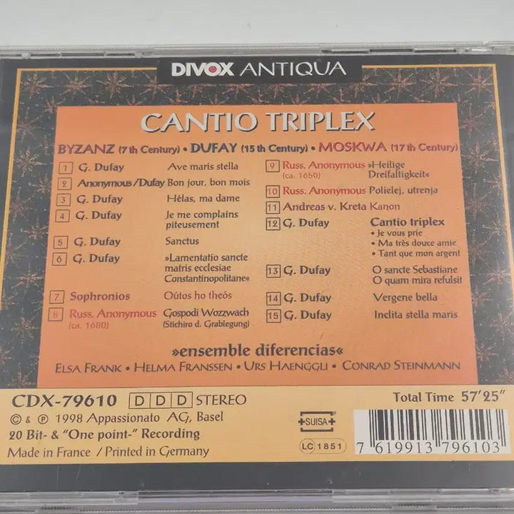 [BUNJANG] Guillaume Dufay Cantio Triplex Recorder Early Music CD by Ensemble Diferencias &amp; Conrad Steinmann (DIVox Antiqua) / 뒤파이 Dufay Cantio Triplex 리코더 고음악 시대악기 DIVox 수입 클래식 CD