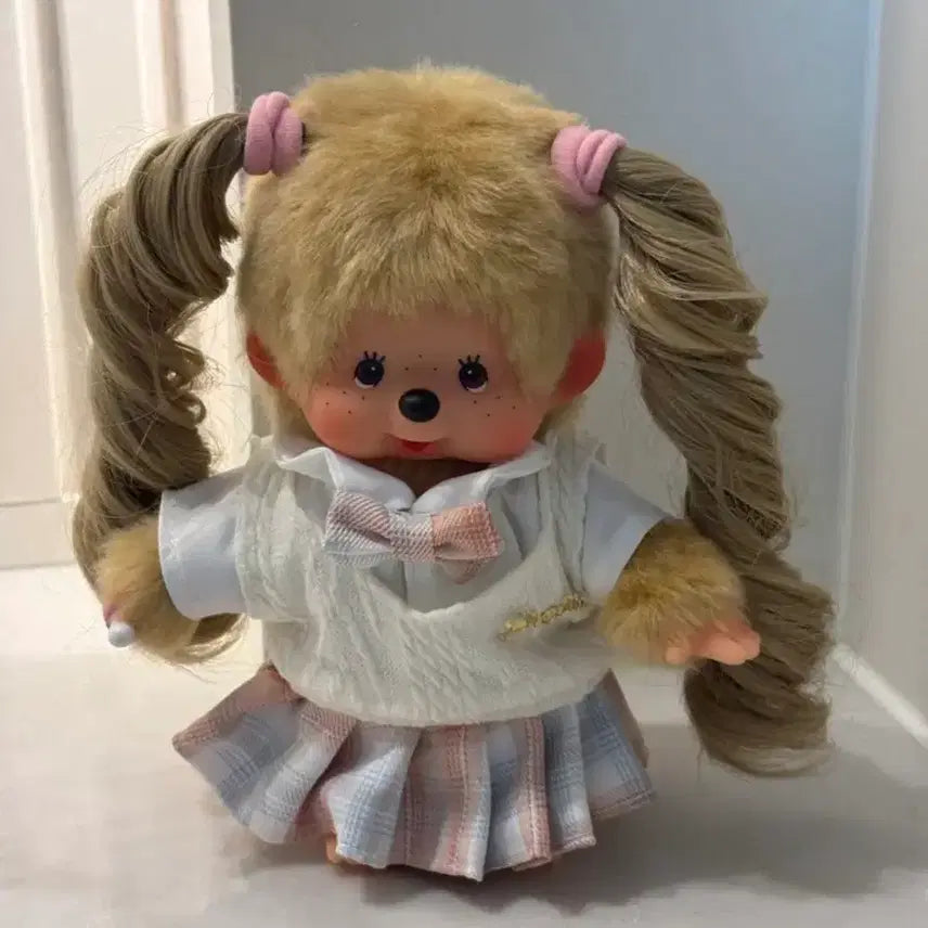 [BUNJANG] Custom Monchhichi Doll with Twintails and Plaid Skirt / 커스텀 몬치치