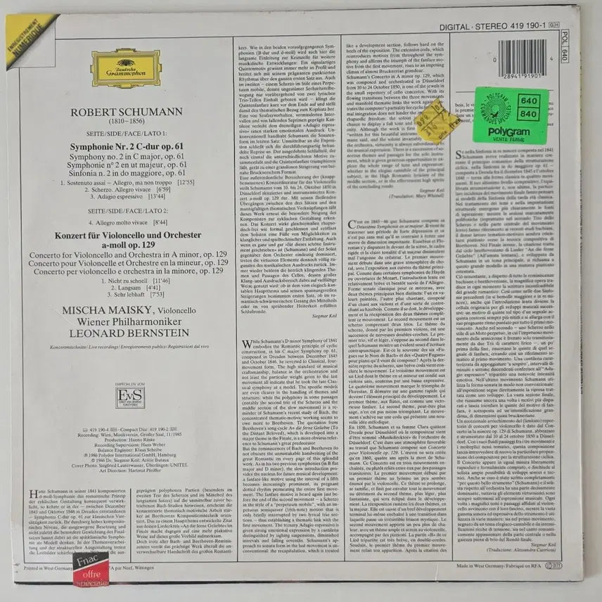 [BUNJANG] Mischa Maisky/Bernstein Schumann Cello Concerto, Symphony No.2 LP (Deutsche Grammophon 1986 West Germany) / 미샤 마이스키/번스타인 - 슈만 첼로협주곡, 교향곡2번 LP ( DG 1986년 독일 )