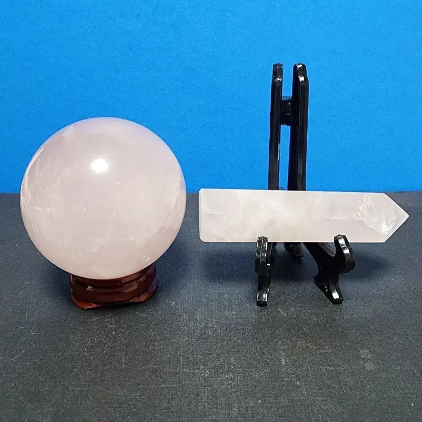 [BUNJANG] Rose Quartz Crystal Ball &amp; Obelisk Set with Stand / 로즈쿼츠 원석 볼+오벨리스크 세트+받침대