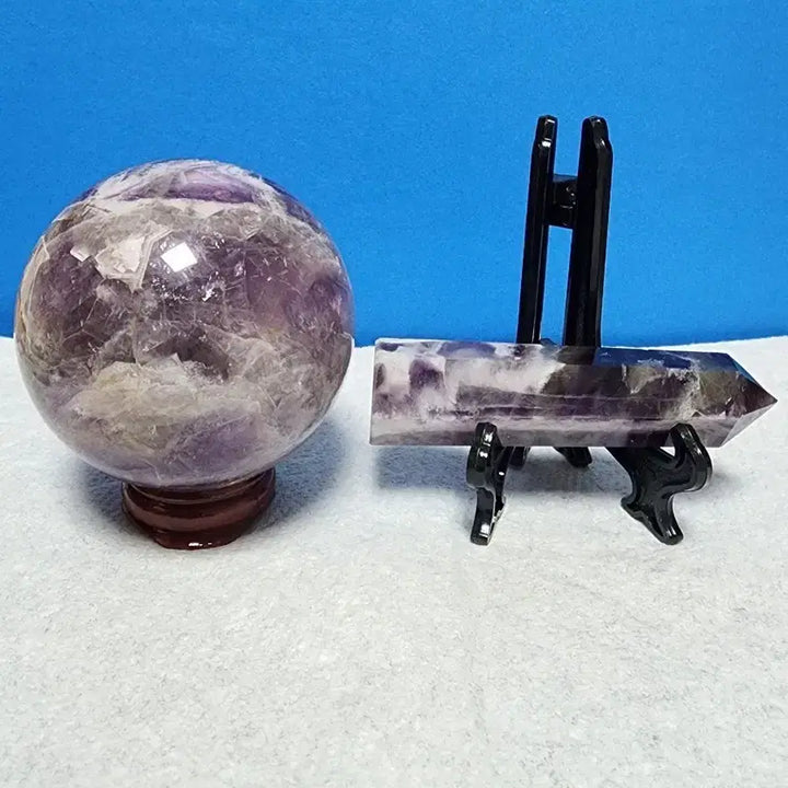 [BUNJANG] Natural Amethyst Raw Stone Ball &amp; Point Tower Set with Stand / 천연 자수정 원석 볼 &amp; 포인트 타워 + 받침대
