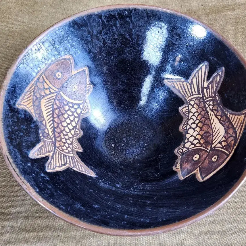 [BUNJANG] Chinese Celadon Porcelain Twin Fish Motif Tenmoku Tea Bowl / 중국도자기 쌍어문 천목다완