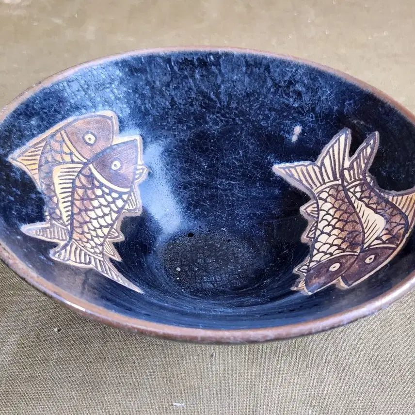 [BUNJANG] Chinese Celadon Porcelain Twin Fish Motif Tenmoku Tea Bowl / 중국도자기 쌍어문 천목다완