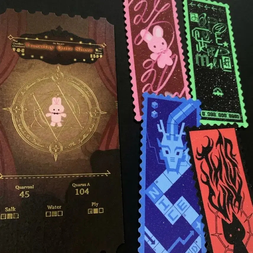 [BUNJANG] Gwichul Gwicheon "Good Friend Summon Ticket" Stamp Sticker Bookmark Bundle Set / 괴출 괴담출근 착한친구 소환 티켓 금박 브라운 화요퀴즈쇼 심야토크쇼 에그그님 우표스티커 박티켓 책갈피 일괄 세트