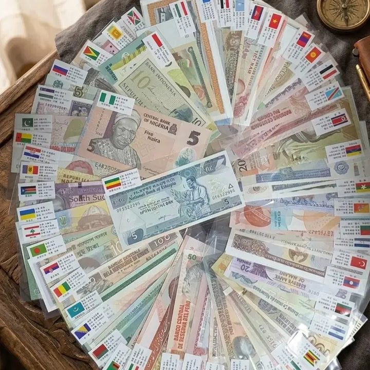 [BUNJANG] World Banknotes Collection Set (100 pcs) with Brocade Coin Purse / [수집용] 세계 지폐 100장 세트 + 고급 복주머니 포함