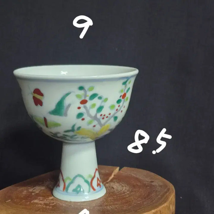[BUNJANG] Joseon Dynasty Celadon Porcelain Cup with Floral and Butterfly Motif / 박태 분채 법랑채 화초 나비문 고족배 중국도자기