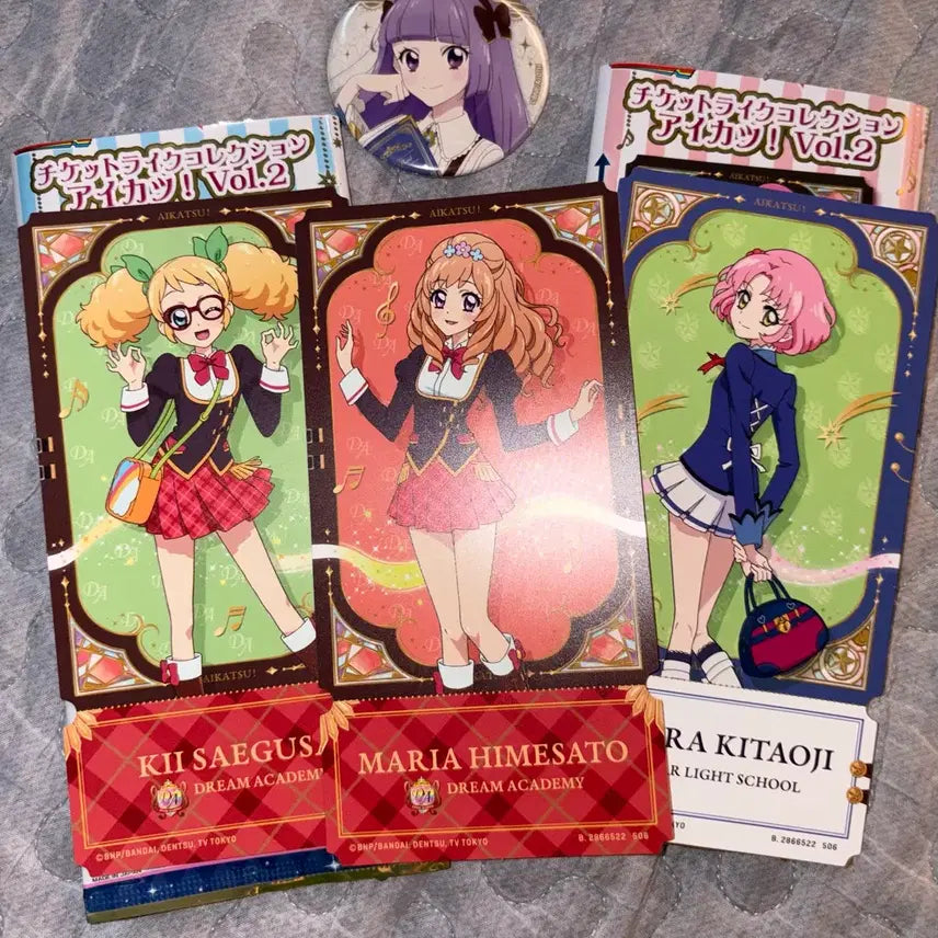 [BUNJANG] Aikatsu Ticket Like Vol. 2 Cards (3 Types) &amp; Sumire Badge / 아이엠스타 아이카츠 티켓라이크 vol.2 카드 3종 및 스미레 뱃지