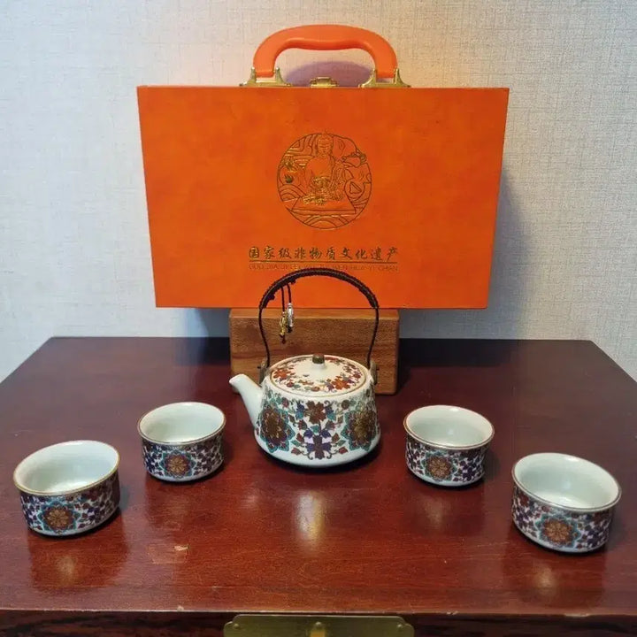 [BUNJANG] Chinese Luxury 4-Person Tea Set (Unused Full Box) / 화려한 중국 고급 4인 다기세트 (미사용 풀박스)