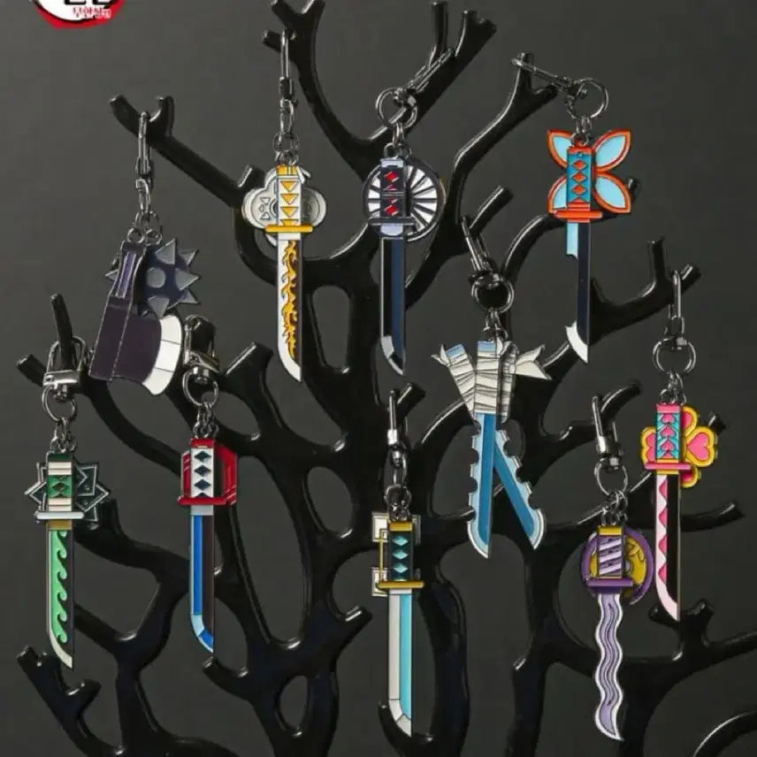 [BUNJANG] Demon Slayer Megabox Nichirin Blade Keychain Full Set (10 Types) with Wooden Stand / (미개봉) 귀멸의 칼날 귀칼 메가박스 일륜도 키링 10종 풀세트 나무 거치대