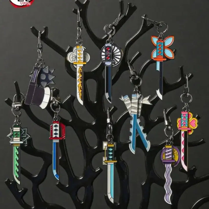 [BUNJANG] Demon Slayer Megabox Nichirin Blade Keychain Full Set (10 Types) with Wooden Stand / (미개봉) 귀멸의 칼날 귀칼 메가박스 일륜도 키링 10종 풀세트 나무 거치대