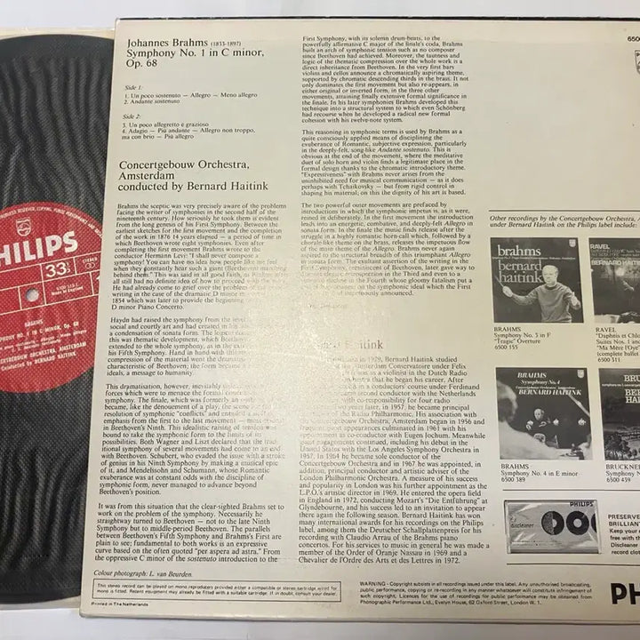 [BUNJANG] Bernard Haitink Brahms Symphony No.1 LP / 수입초반LP) 하이팅크 - 브람스 교향곡 1번
