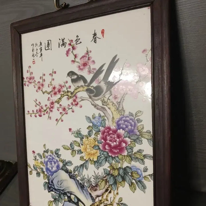 [BUNJANG] Hwajodo Ceramic Plate Painting by Yu Woo-jaam (1904-1969), Circa 1950 / 화조도 도자기 액자 자판화  도판화