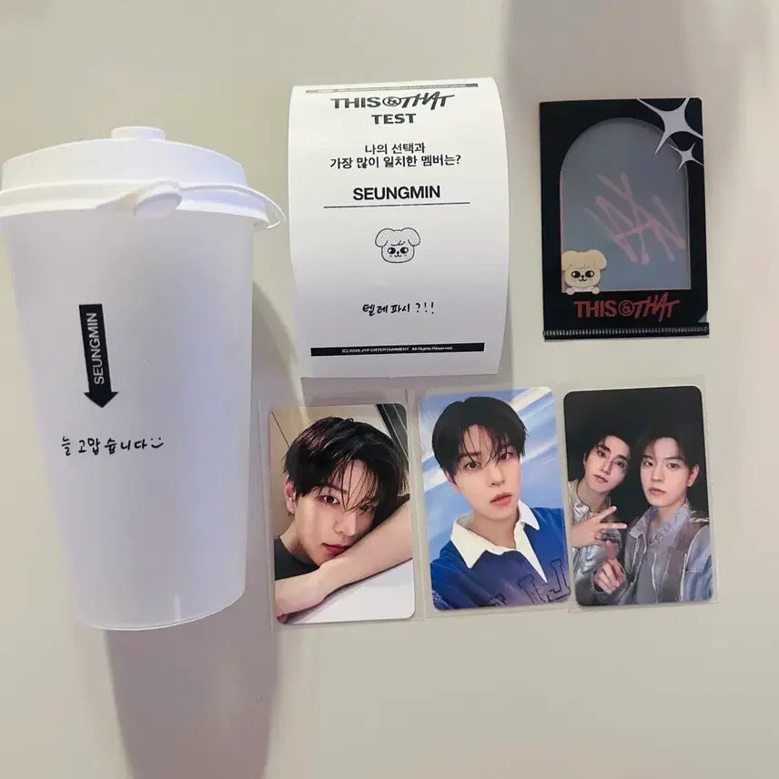 [BUNJANG] Stray Kids SKZ THIS MAN Pop-up Seungmin Photocard, Lucky Draw, Reusable Cup &amp; POB Bundle Set / 스키즈 디스앤댓 팝업 승민 포카 &amp; 리유저블컵 양도