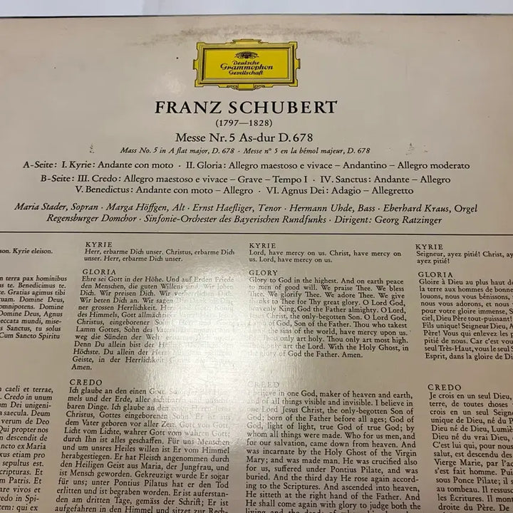 [BUNJANG] Georg Ratzinger Conducts Schubert Mass D.678 Deutsche Grammophon Mono First Pressing LP / 모노초반LP) 라칭거- 슈베르트 미사곡 D.678