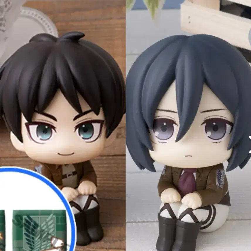 [BUNJANG] Attack on Titan Eren &amp; Mikasa Look-Up Set (Sealed, Includes Cushion POB) / (미개봉 특전포함) 진격의 거인 에렌, 미카사 룩업 세트