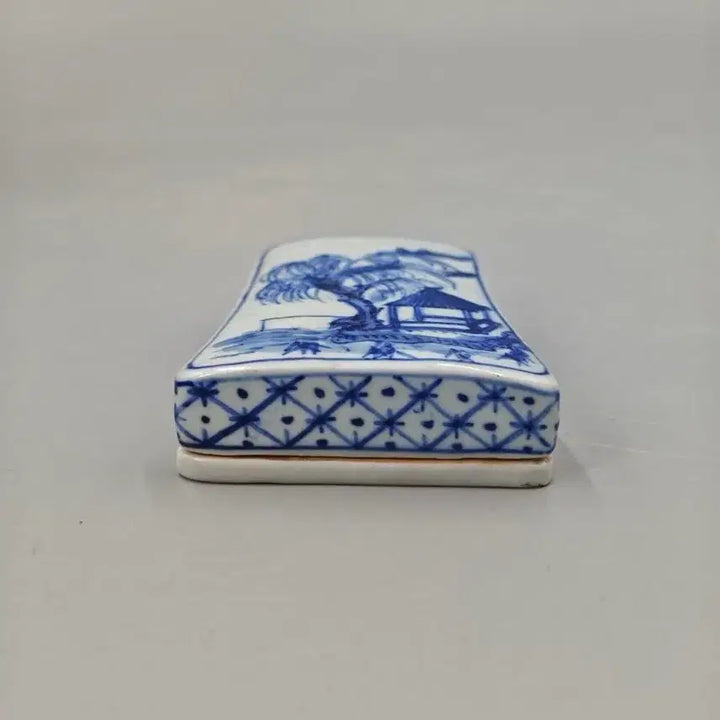 [BUNJANG] Qing Dynasty Folk Kiln Blue and White Landscape Pavilion Ink Stone Box Chinese Antique / 청대 민요 청화 산수누각문 인주합 중국도자기 골동품 고미술품 수집품
