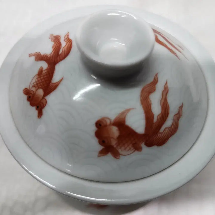 [BUNJANG] Chinese White Porcelain Orange Celadon Teacup with Goldfish Design / 중국도자기 백자 주황색 도자기 보이차 다완 개완