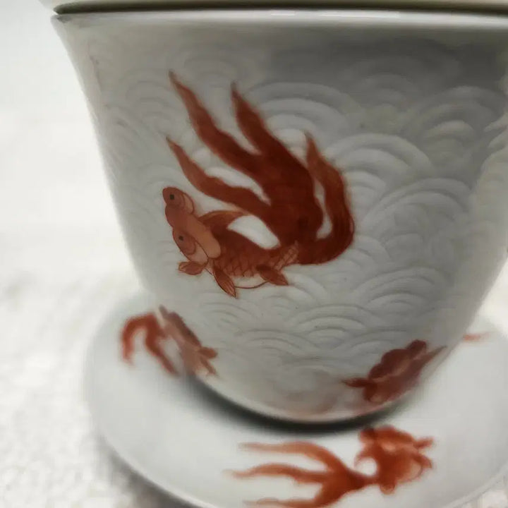 [BUNJANG] Chinese White Porcelain Orange Celadon Teacup with Goldfish Design / 중국도자기 백자 주황색 도자기 보이차 다완 개완