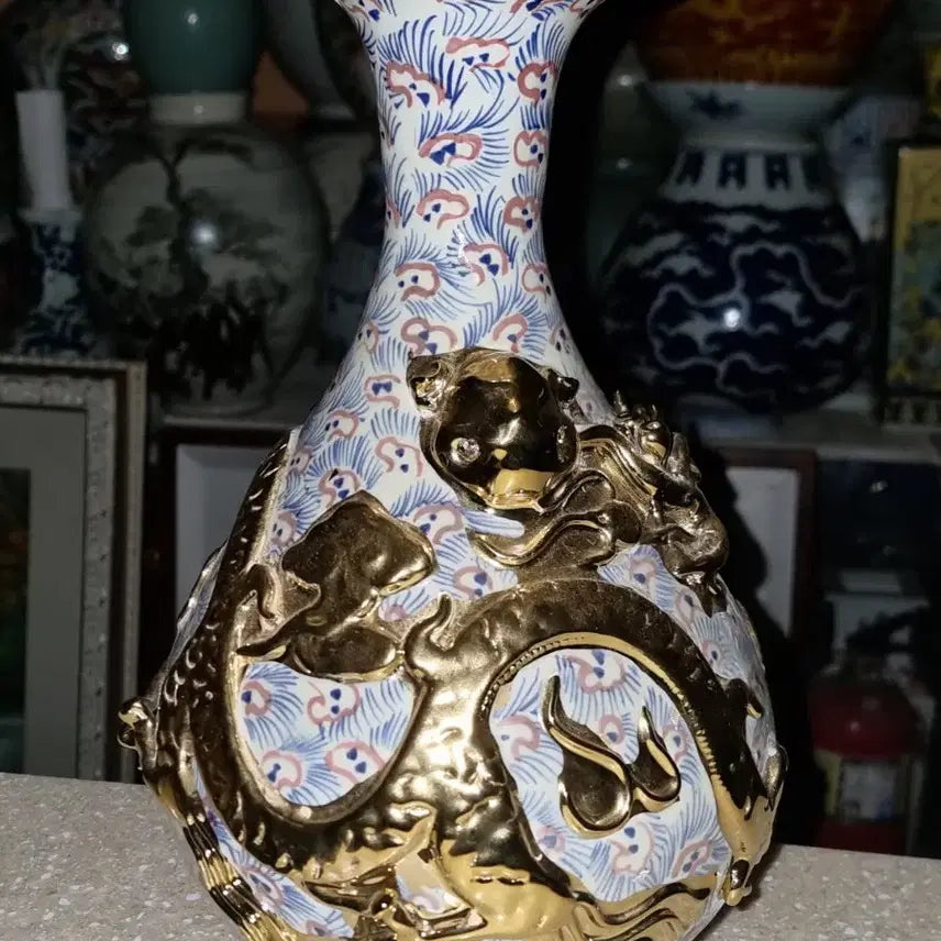 [BUNJANG] Chinese Celadon Vase with Gold Dragon Motif / 금장 운용문 옥호춘병 높33 지21 센치 중국도자기 고도자 오래된 골통품
