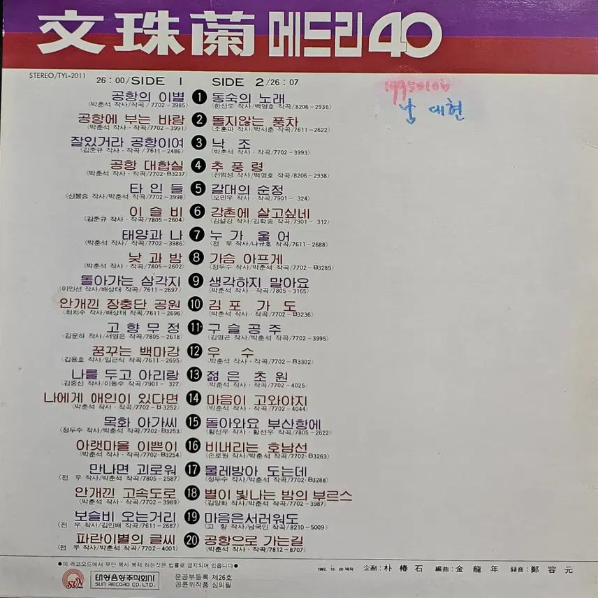 [BUNJANG] Moon Ju-ran Medley 40 LP Record / 문주란 메들리 40 LP