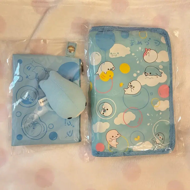 [BUNJANG] San-X Mamegoma Classic Bundle Set - Small Plush Toy, Multi Pouch, and Wallet / 일괄) 고전 산엑스 마메고마 소라고마 소형인형 마메고마 다이어리 멀티파우치 마메고마 지갑 다꾸용품 하늘색