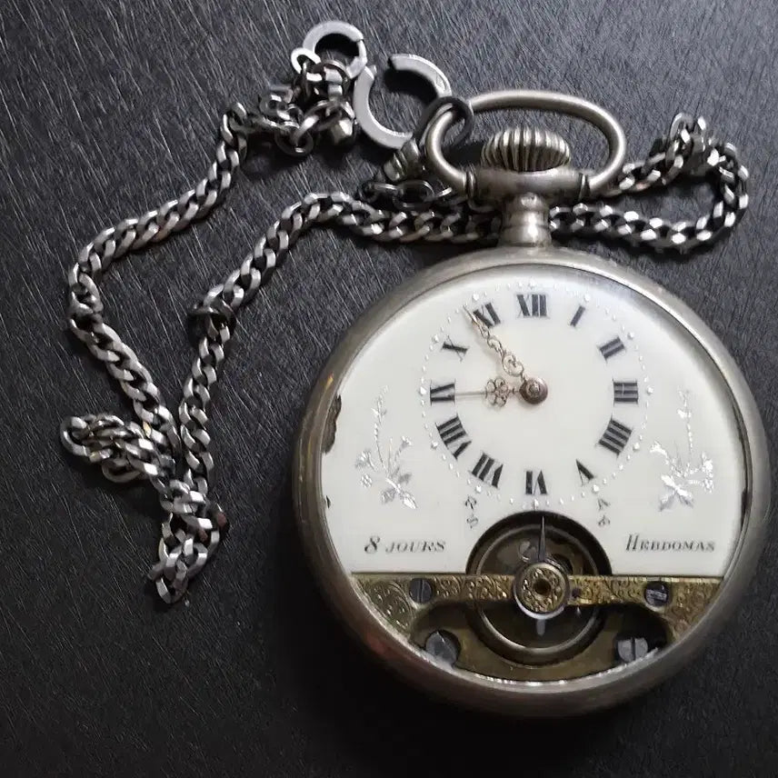 [BUNJANG] Hebdomas 8 Jours .800 Silver Open Heart Pocket Watch / 헤브도마스 8JOURS 실버회중시계