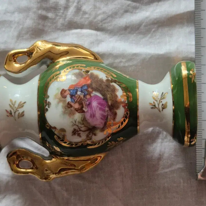 [BUNJANG] Limoges Antique Miniature Vase Green Gold Porcelain / 프랑스 리모지 엔틱 도자기 화병 그린 골드 장식