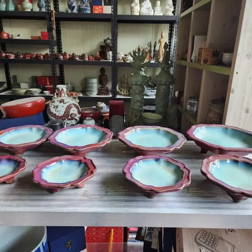 [BUNJANG] Chinese Jun Ware Style Glazed Flower Basin Set (8 Pieces) / 중국도자기 균요 요변좋은 수반 8점