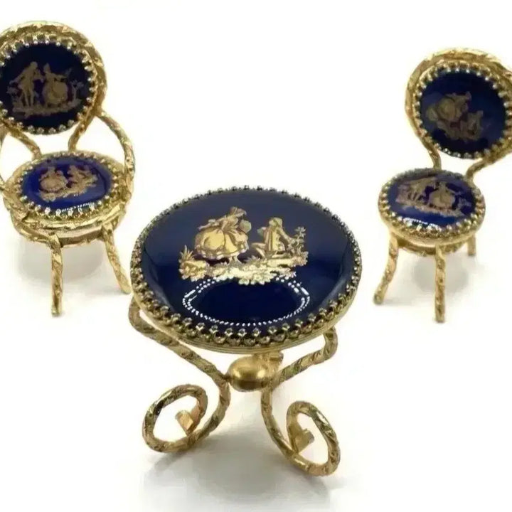 [BUNJANG] French Limoges Cobalt Blue Miniature Table Set with Gold Trim / 프랑스 리모주 코발트블루 미니어처 테이블 세트