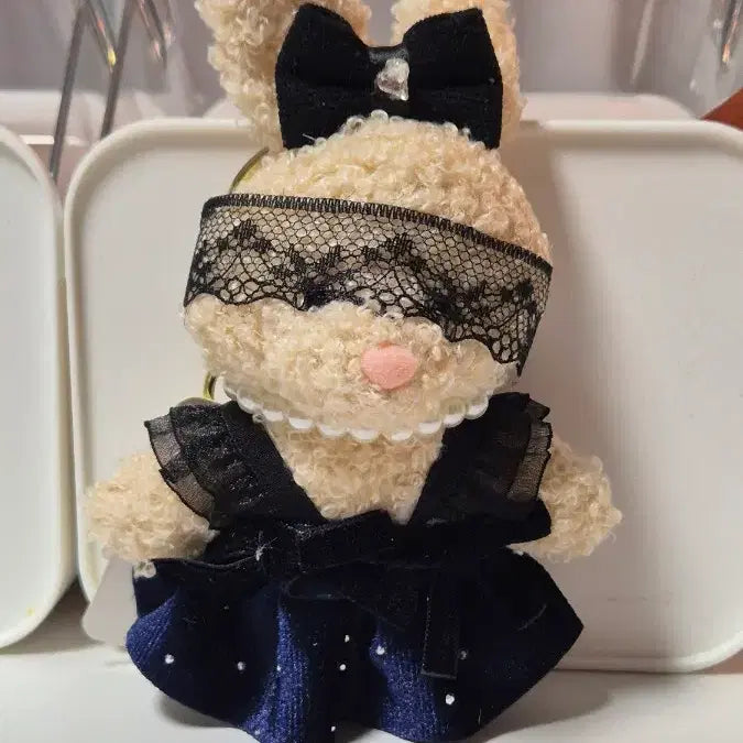 [BUNJANG] Bunny Plush Eye Mask Black Dress Doll Keychain / 뽀글이 토끼 안대 블랙 드레스 인형 키링