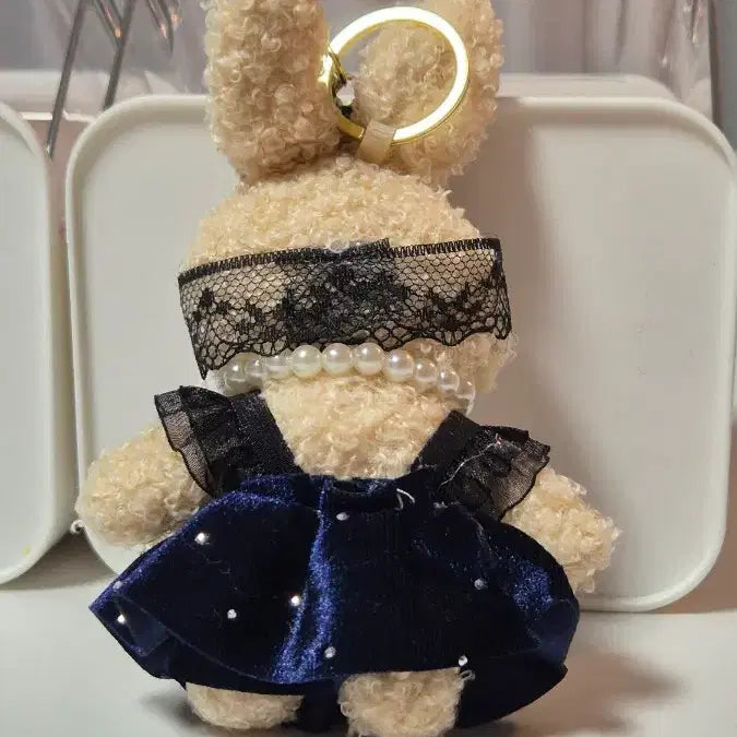 [BUNJANG] Bunny Plush Eye Mask Black Dress Doll Keychain / 뽀글이 토끼 안대 블랙 드레스 인형 키링