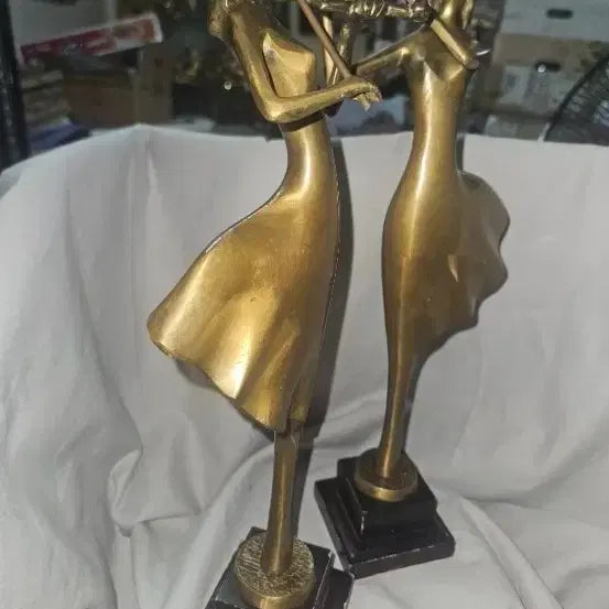 [BUNJANG] Bronze Art Workshop Musician Sculpture Set (Medium) - Brass Violinist &amp; Flutist / 브론즈아트공방 신악기(중) 황동 연주자 조각상 2점 세트