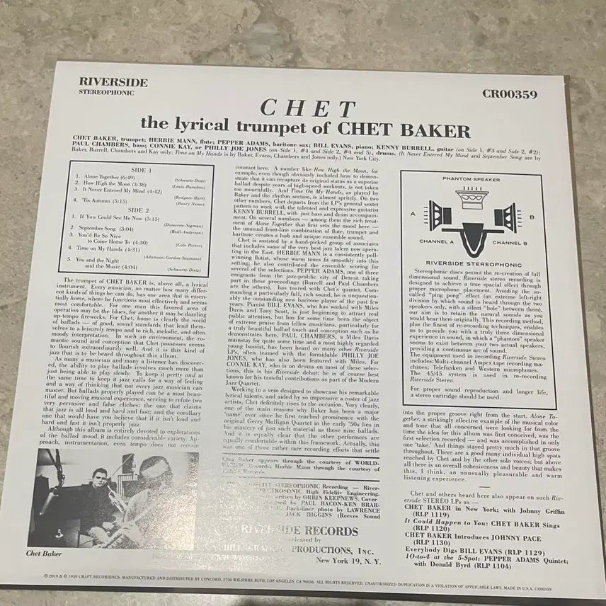 [BUNJANG] Chet Baker Riverside Stereo LP Album CR00159 / 재즈.쳇 베이커 앨범 리버사이드 스테레오 CR00159.   Chet