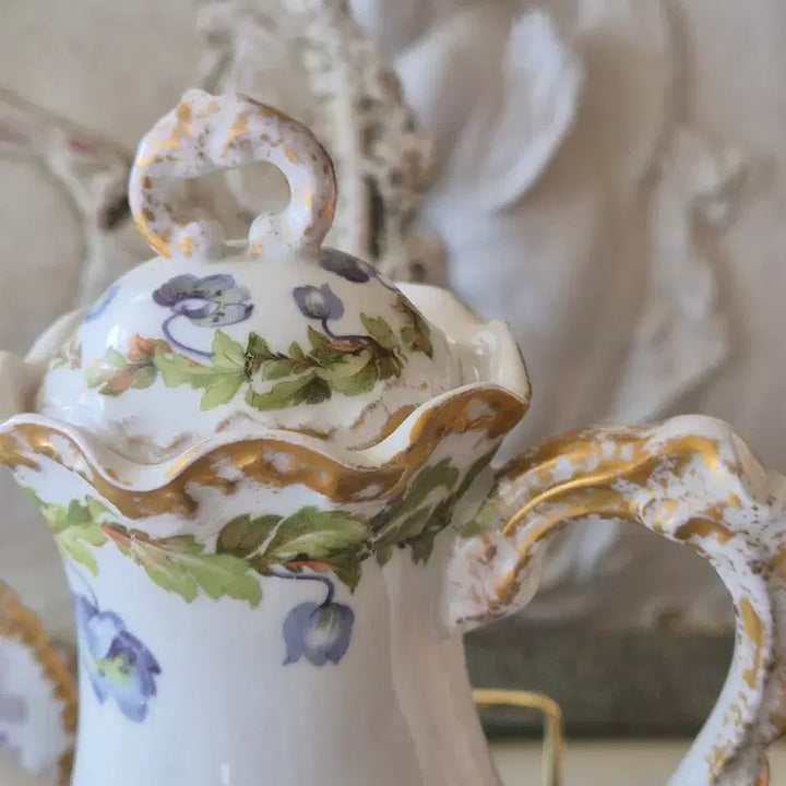 [BUNJANG] Antique French Limoges Hand-Painted Violet Pattern Coffee Set with Gold Trim / 프랑스 리모지 올드 앤틱