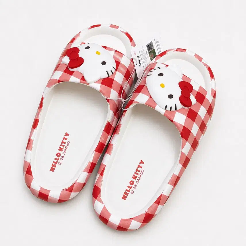 [BUNJANG] Sanrio Hello Kitty Checkered Red Slippers / 산리오 헬로키티 체크 패턴 레드 슬리퍼