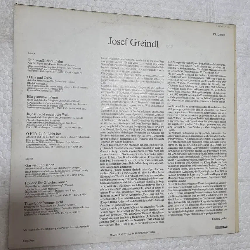 [BUNJANG] Josef Greindl "Lieder und Arias" Bass Vocalist LP / JOSEF GREINDL LP 프리저 베이스 성악가