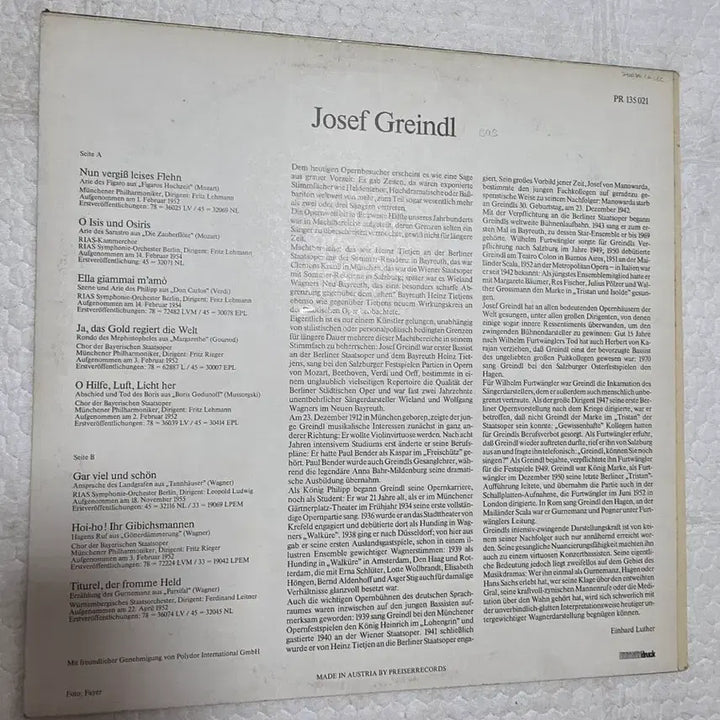 [BUNJANG] Josef Greindl "Lieder und Arias" Bass Vocalist LP / JOSEF GREINDL LP 프리저 베이스 성악가