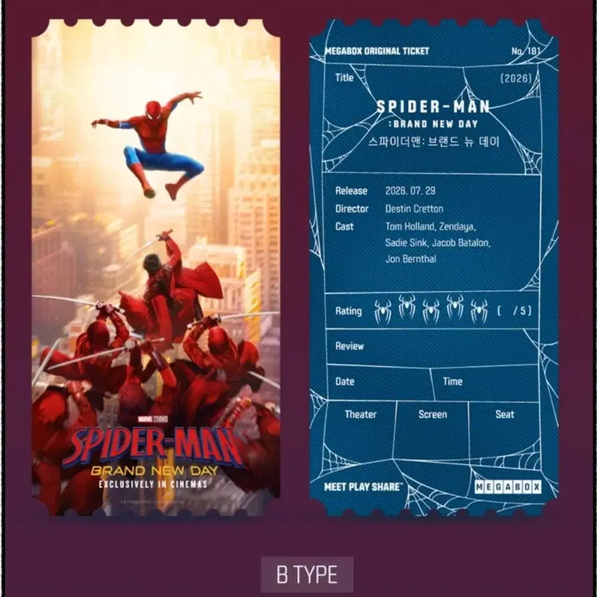 [BUNJANG] Spider-Man: No Way Home Original Ticket B / 스파이더맨 브랜드 뉴 데이 / 오리지널 티켓 B 오티