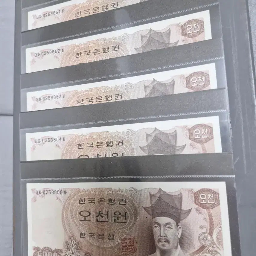 [BUNJANG] Old Korean Currency 5000 Won Banknote 5 Consecutive Serial Numbers Bundle Set / 옛날지폐 2차오천원 완미 5연번 일괄분양합니다